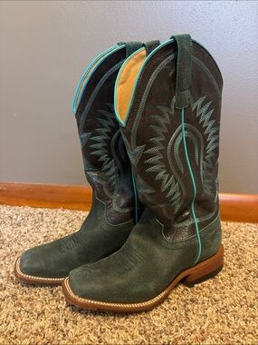 Macie Bean Dark Green/Teal Suede Cowgirl Boots with Turquoise Trim